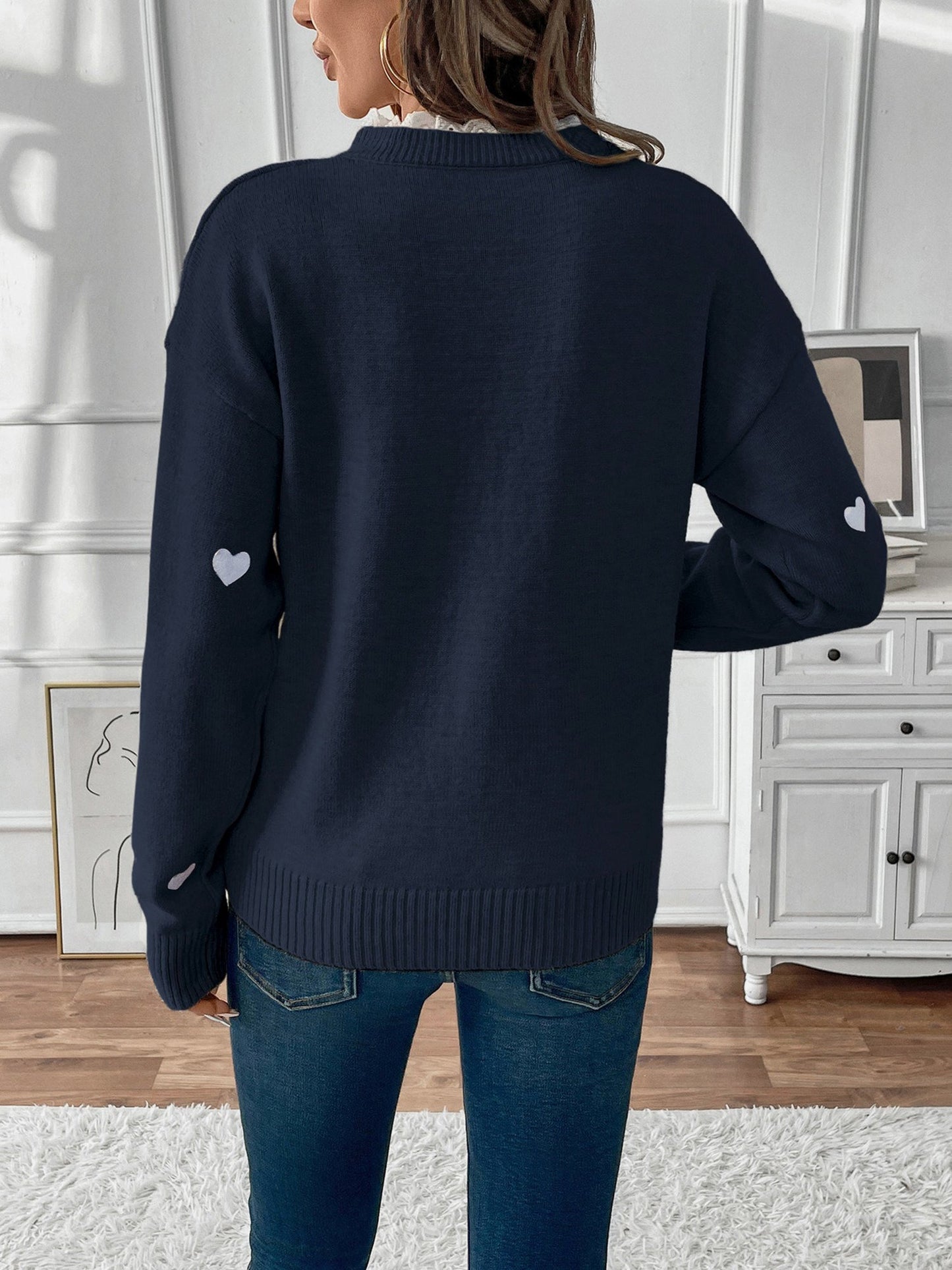 Notch Neck Lace Patchwork Heart Pullover Sweater