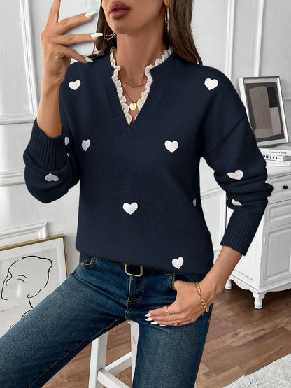 Notch Neck Lace Patchwork Heart Pullover Sweater