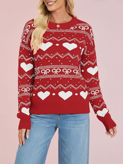 Casual Knitwear Long Sleeve Heart Print Pullover Sweater