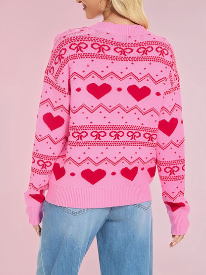 Casual Knitwear Long Sleeve Heart Print Pullover Sweater