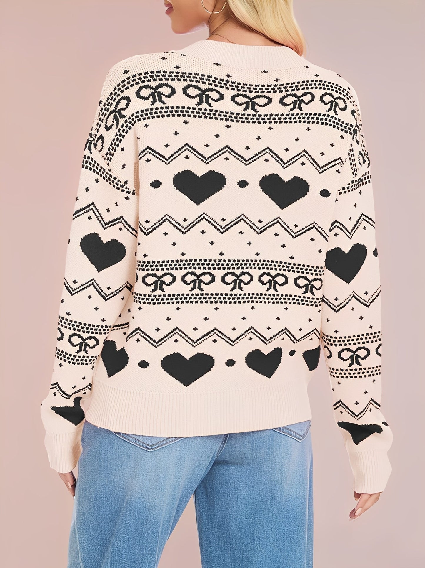 Casual Knitwear Long Sleeve Heart Print Pullover Sweater