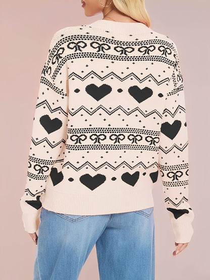Casual Knitwear Long Sleeve Heart Print Pullover Sweater