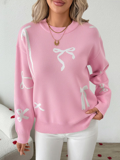 Round Neck Bow Pattern Knitted Christmas Sweater
