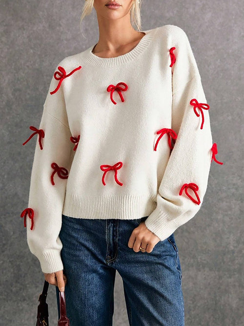 Red Bow Decor Loose Fit Crewneck Pullover Sweater