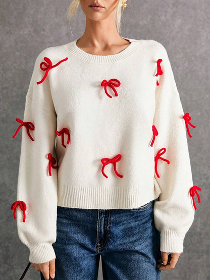 Red Bow Decor Loose Fit Crewneck Pullover Sweater