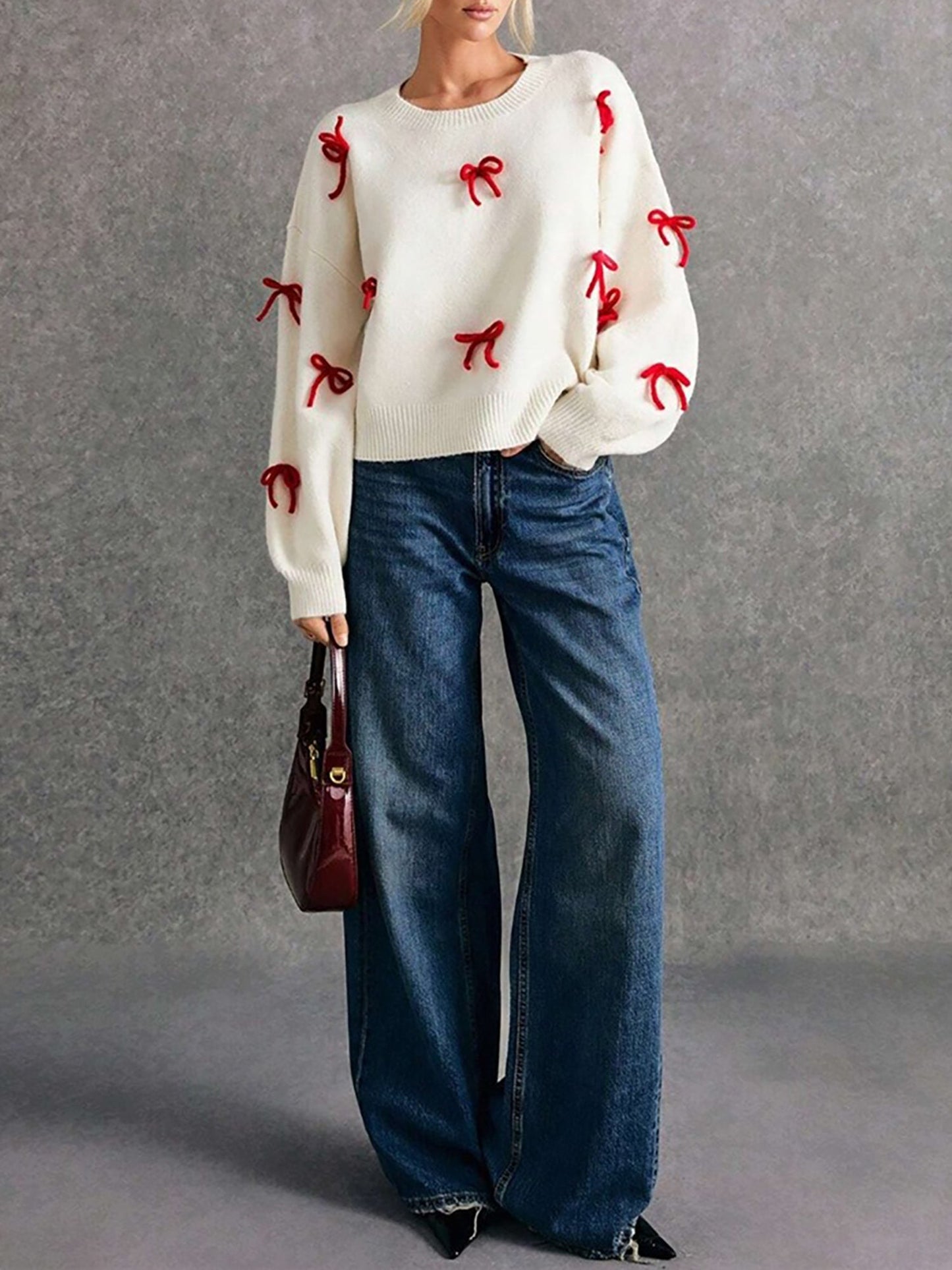 Red Bow Decor Loose Fit Crewneck Pullover Sweater
