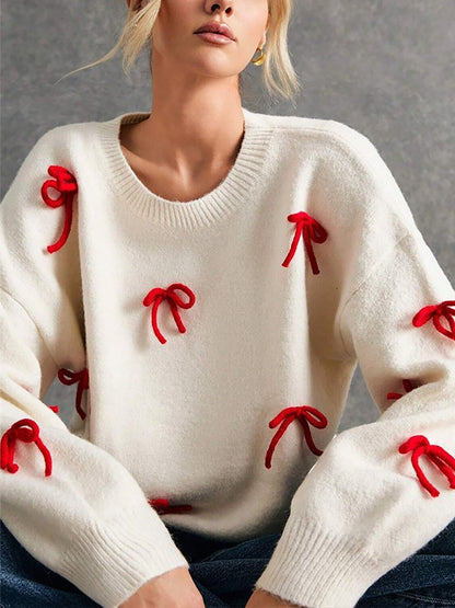 Red Bow Decor Loose Fit Crewneck Pullover Sweater