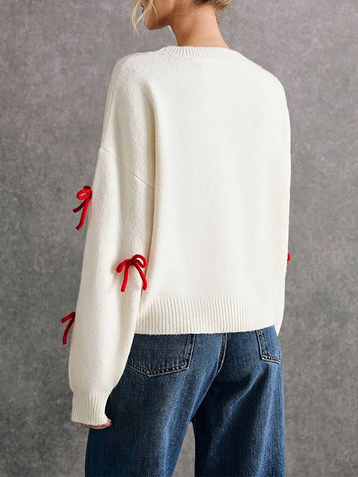 Red Bow Decor Loose Fit Crewneck Pullover Sweater