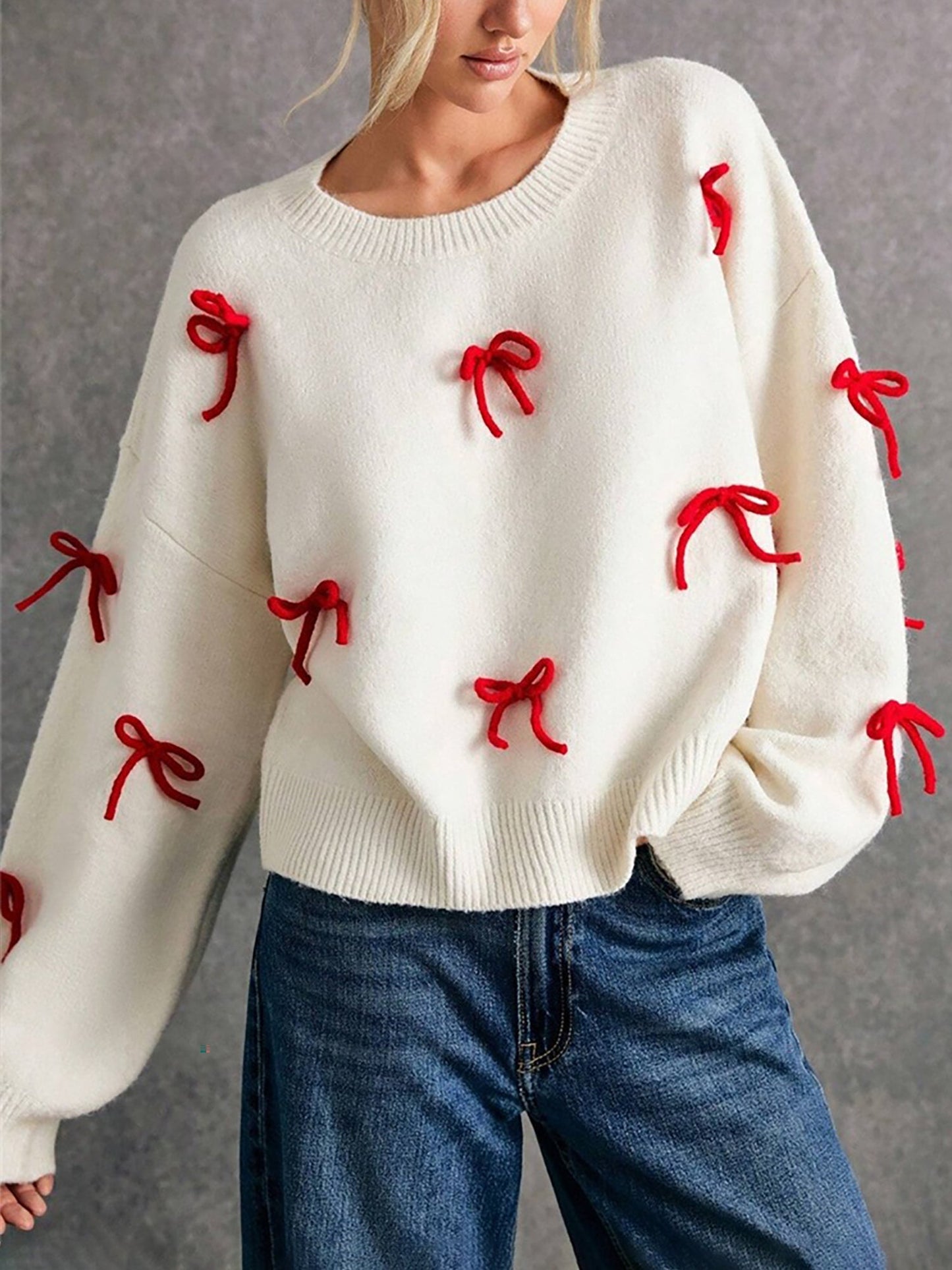 Red Bow Decor Loose Fit Crewneck Pullover Sweater