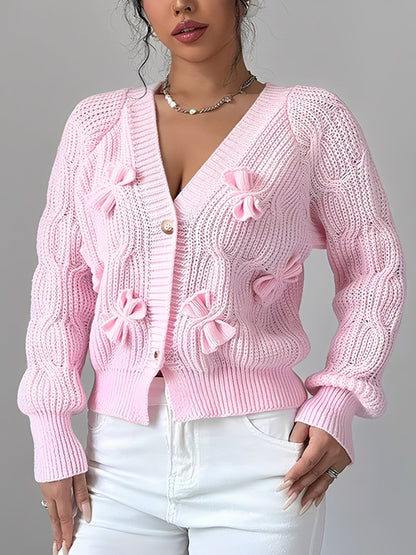 Solid Color Long Sleeve Bow Detail Knitted Cardigan