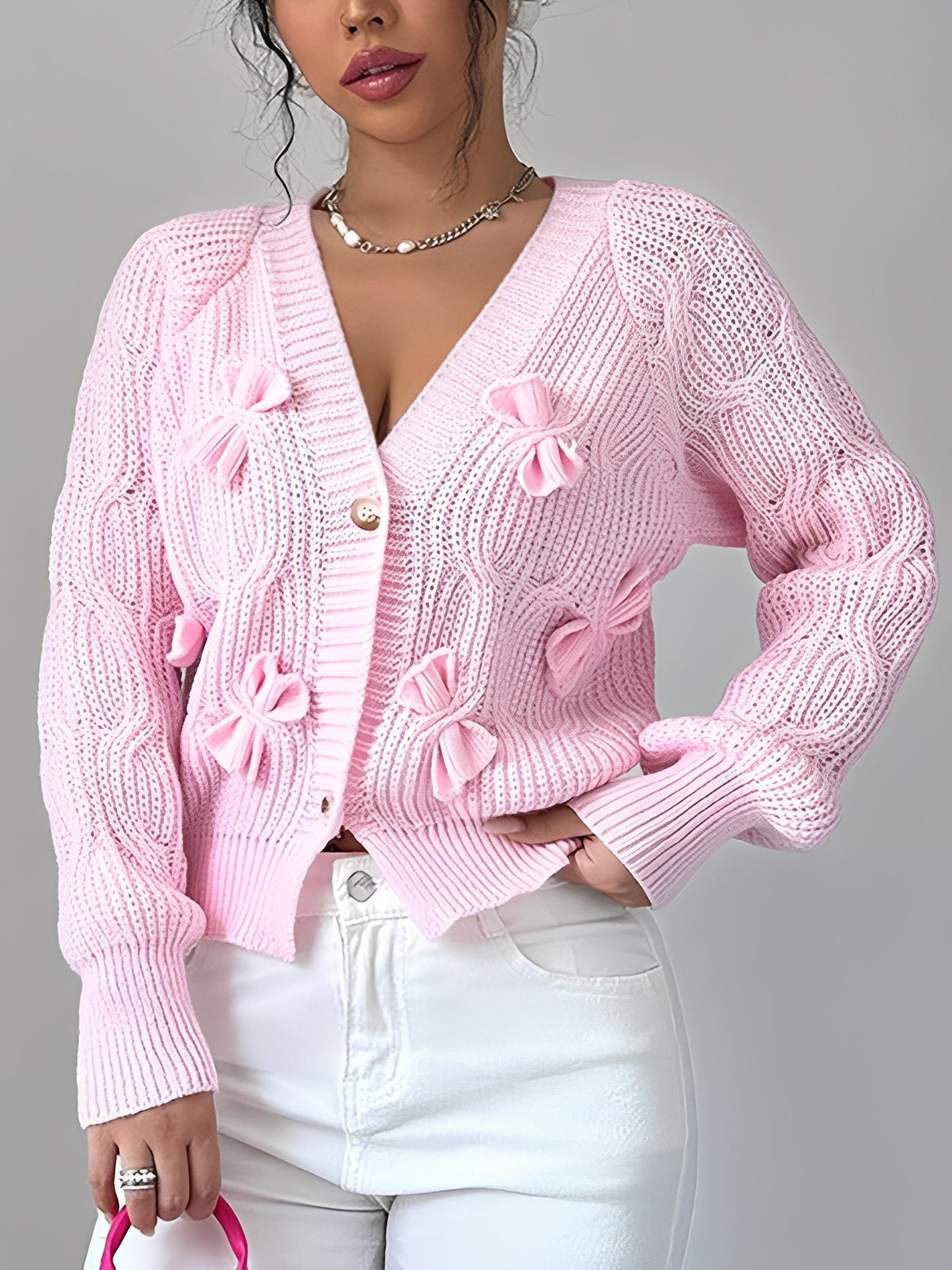 Solid Color Long Sleeve Bow Detail Knitted Cardigan