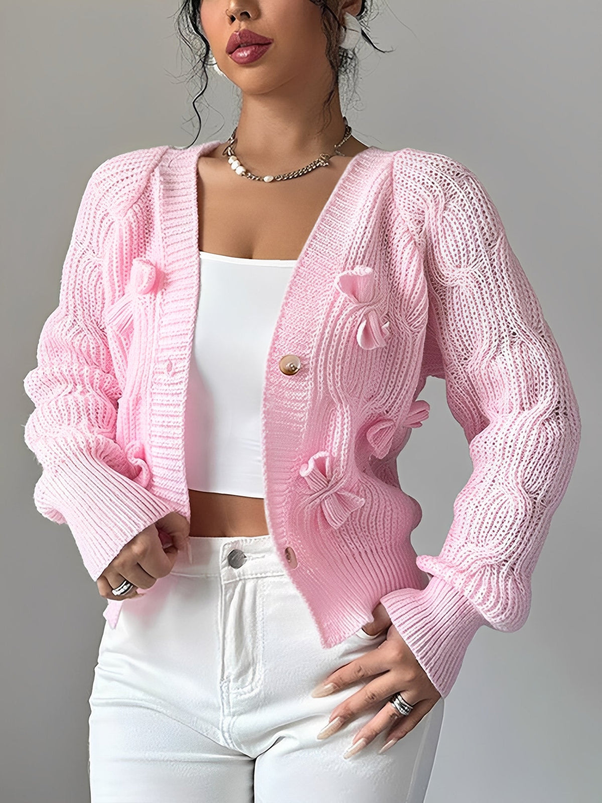 Solid Color Long Sleeve Bow Detail Knitted Cardigan