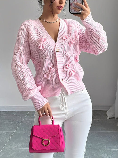 Solid Color Long Sleeve Bow Detail Knitted Cardigan