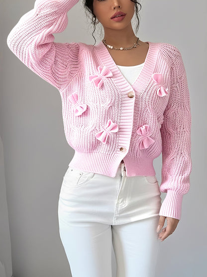Solid Color Long Sleeve Bow Detail Knitted Cardigan