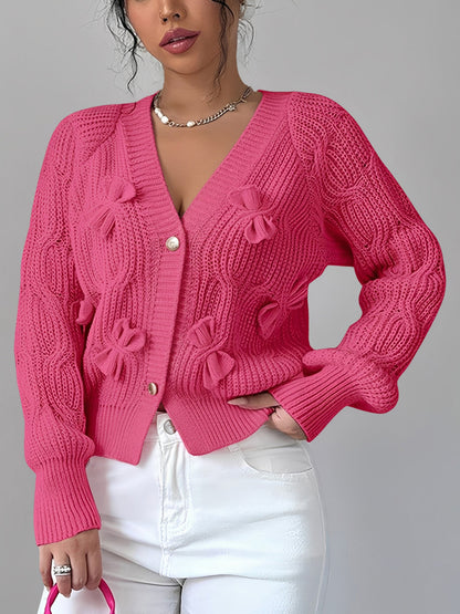Solid Color Long Sleeve Bow Detail Knitted Cardigan