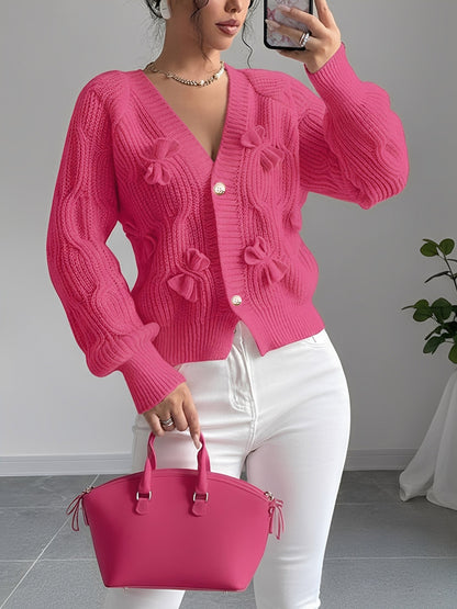 Solid Color Long Sleeve Bow Detail Knitted Cardigan