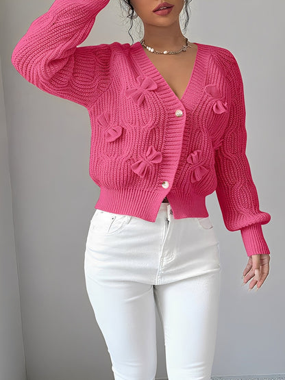 Solid Color Long Sleeve Bow Detail Knitted Cardigan