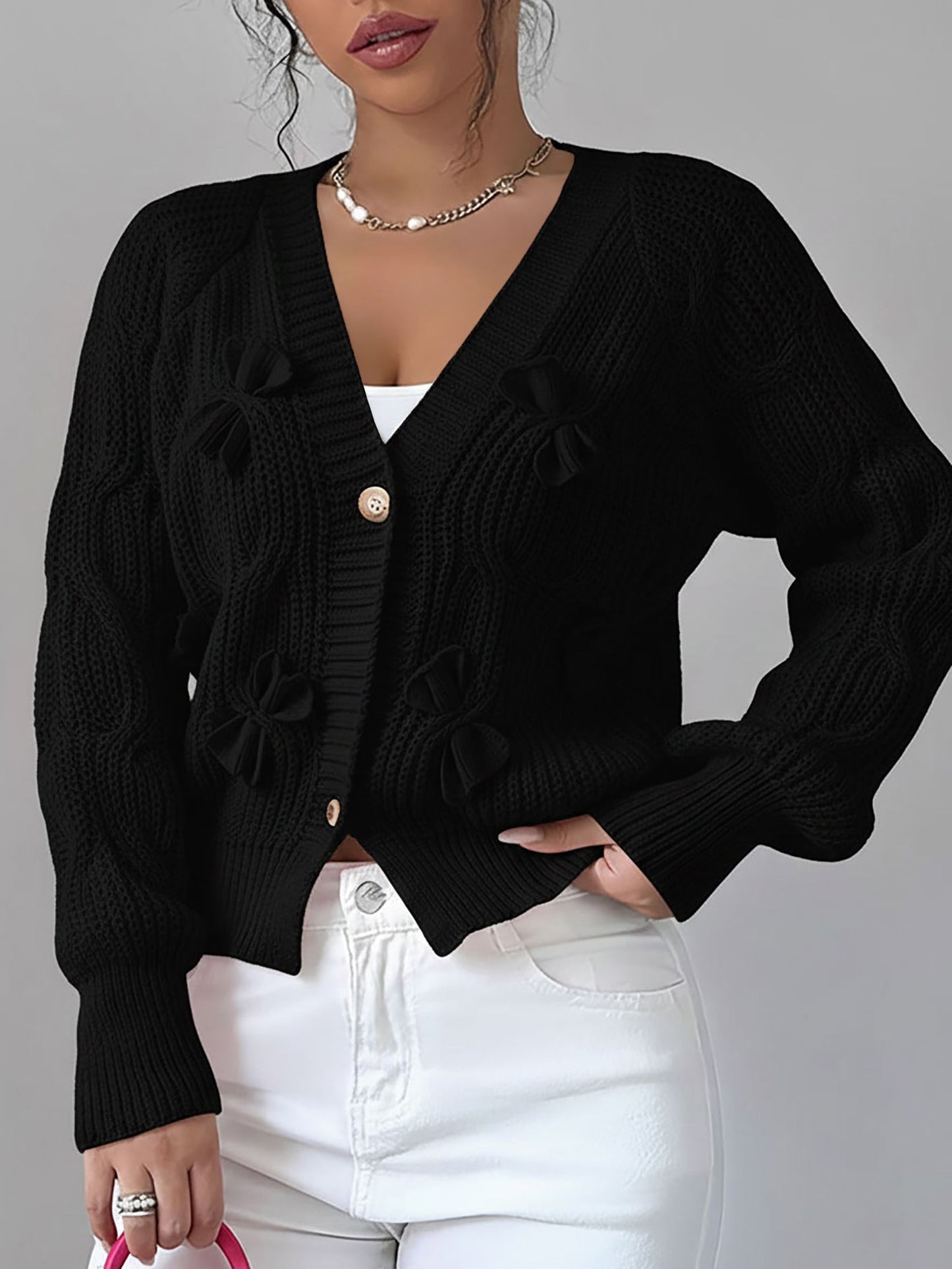 Solid Color Long Sleeve Bow Detail Knitted Cardigan