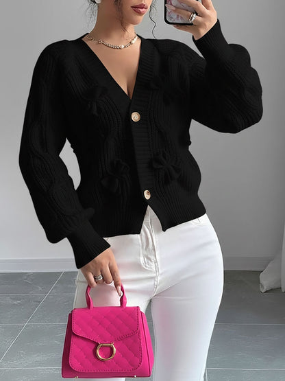 Solid Color Long Sleeve Bow Detail Knitted Cardigan