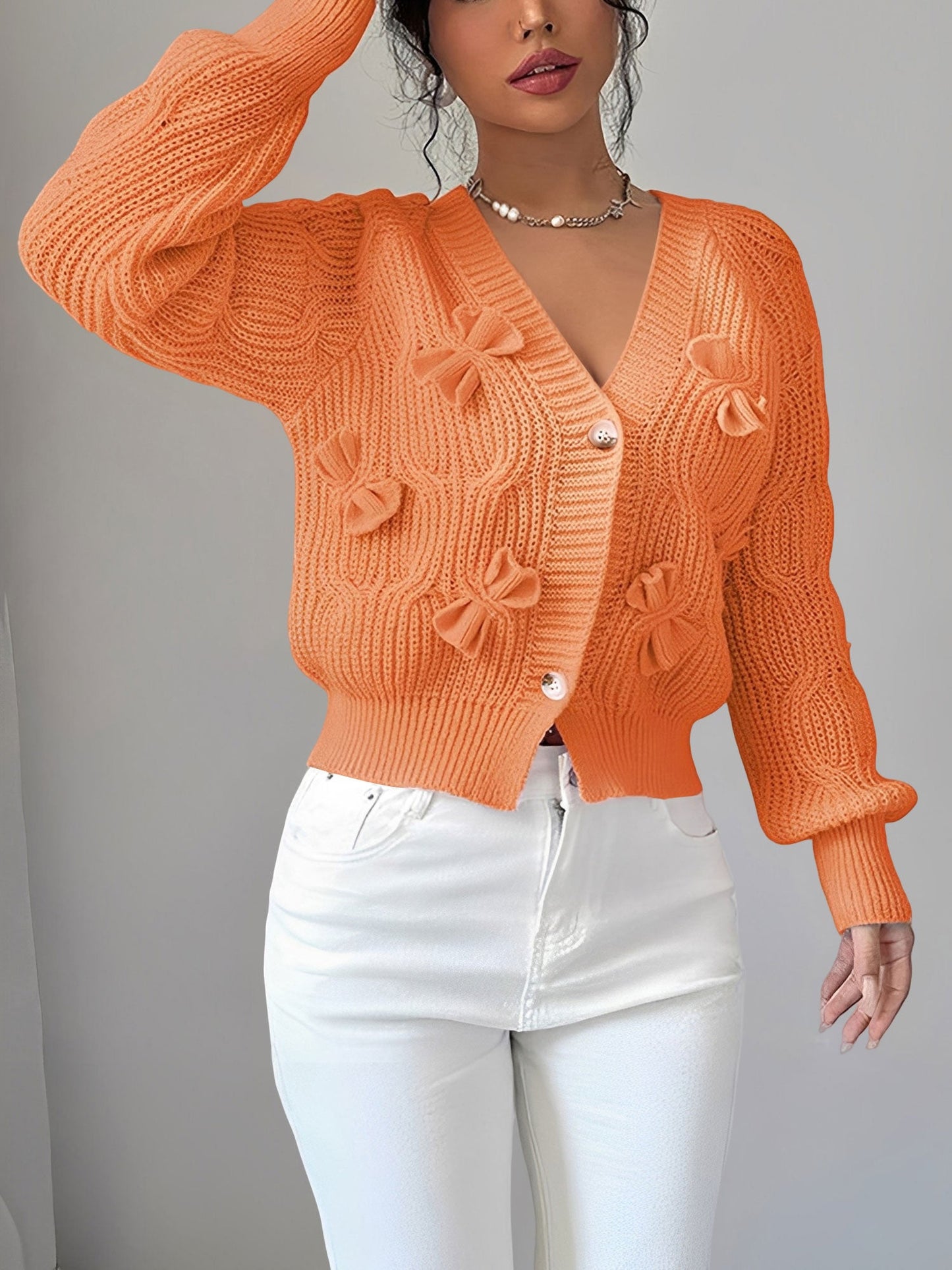 Solid Color Long Sleeve Bow Detail Knitted Cardigan