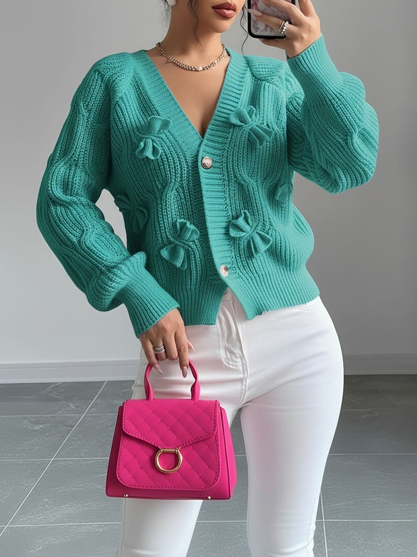Solid Color Long Sleeve Bow Detail Knitted Cardigan
