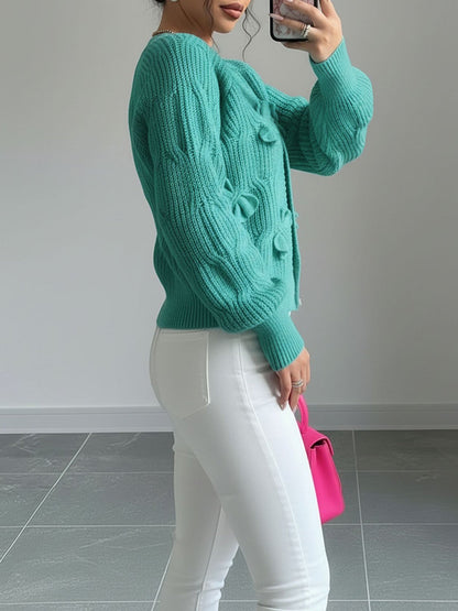 Solid Color Long Sleeve Bow Detail Knitted Cardigan