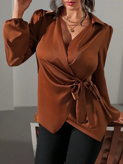 Puff Long Sleeve Satin Tie Waist Wrap Blouse
