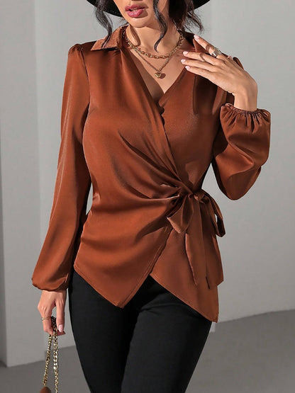 Puff Long Sleeve Satin Tie Waist Wrap Blouse