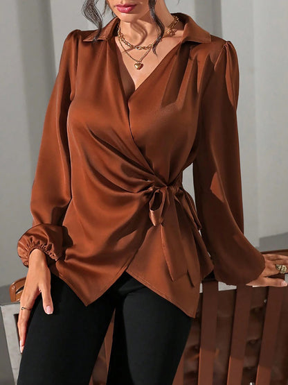 Puff Long Sleeve Satin Tie Waist Wrap Blouse