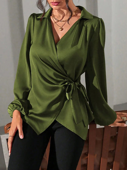 Puff Long Sleeve Satin Tie Waist Wrap Blouse