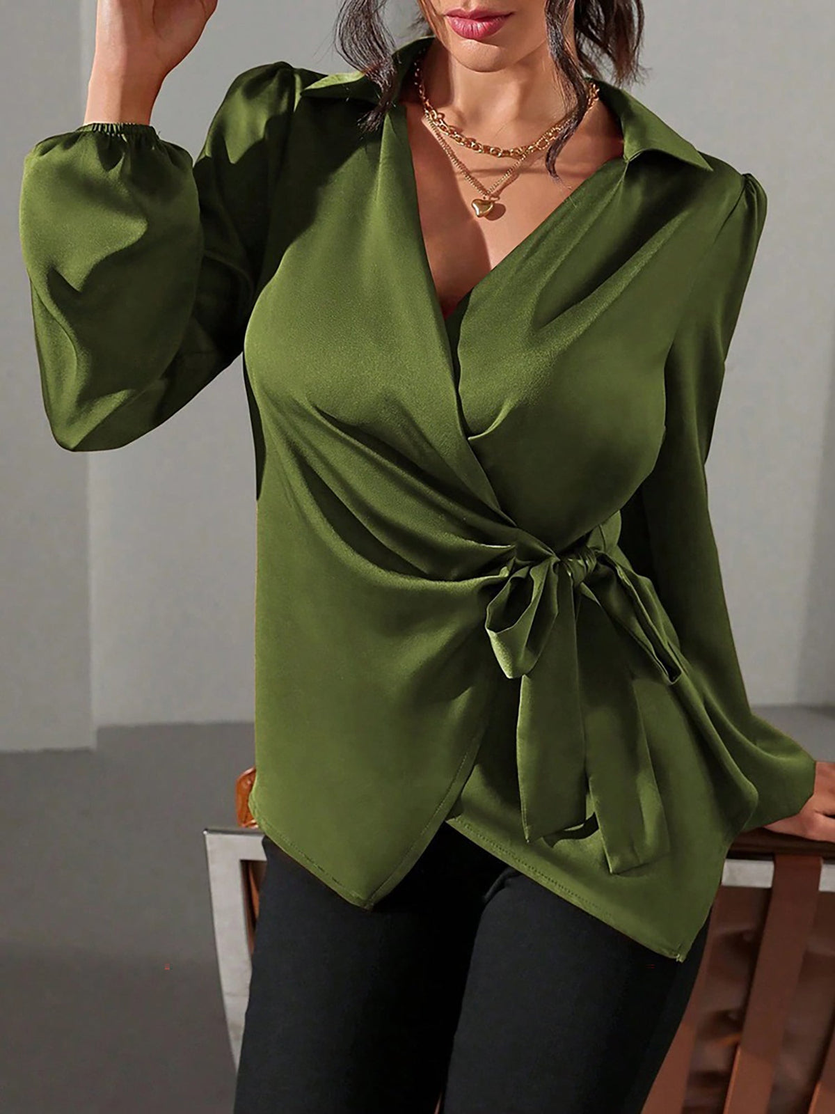 Puff Long Sleeve Satin Tie Waist Wrap Blouse