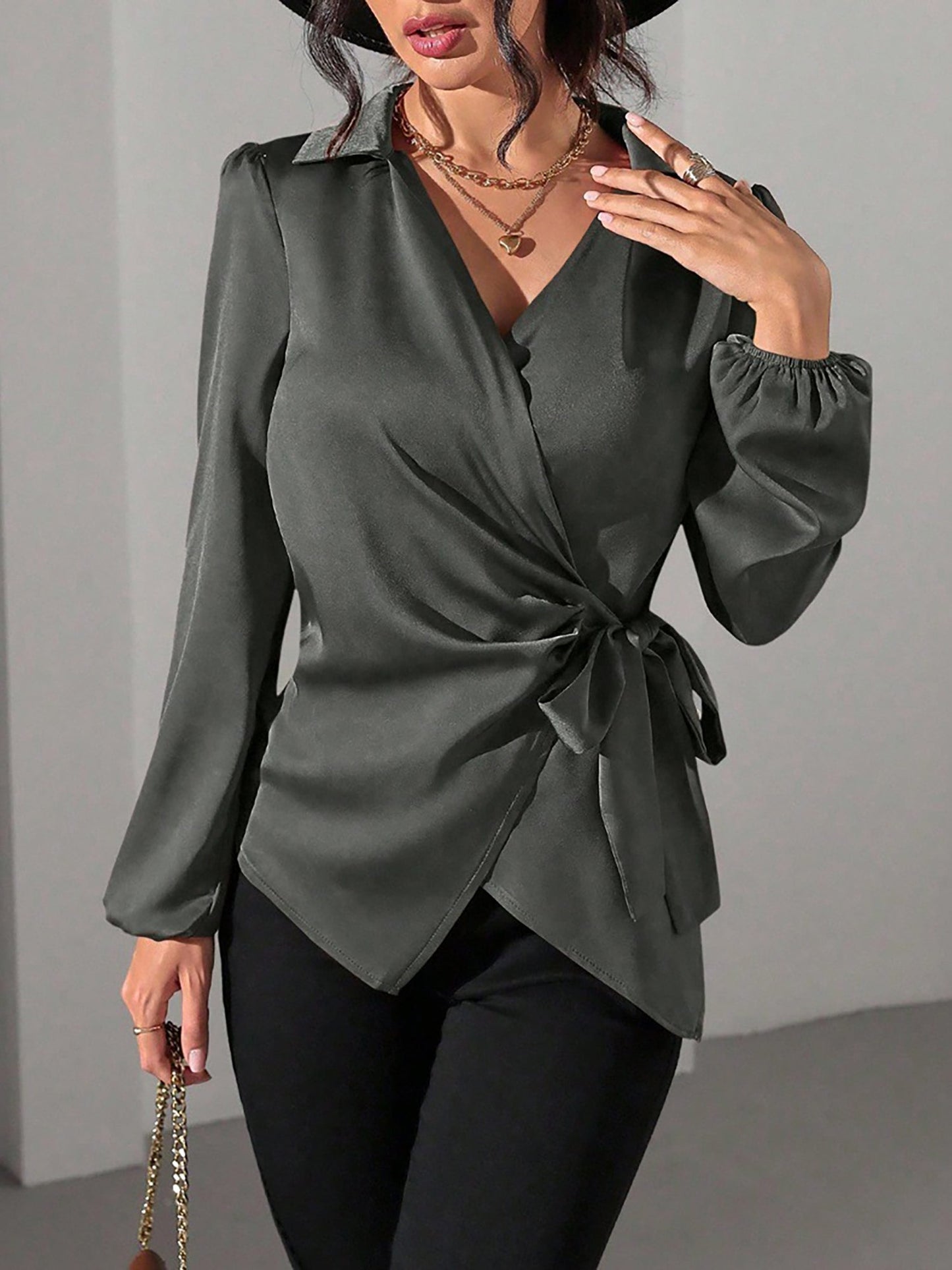 Puff Long Sleeve Satin Tie Waist Wrap Blouse