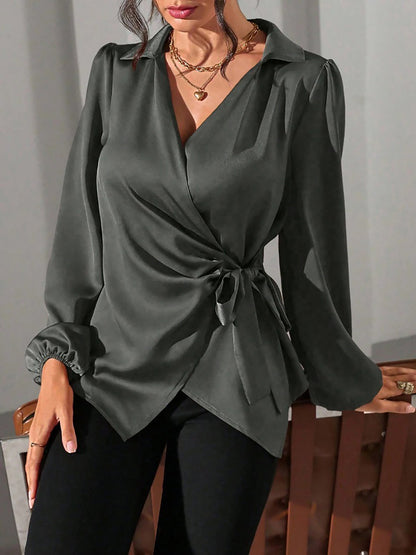 Puff Long Sleeve Satin Tie Waist Wrap Blouse
