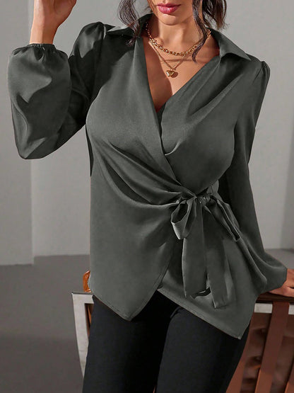 Puff Long Sleeve Satin Tie Waist Wrap Blouse