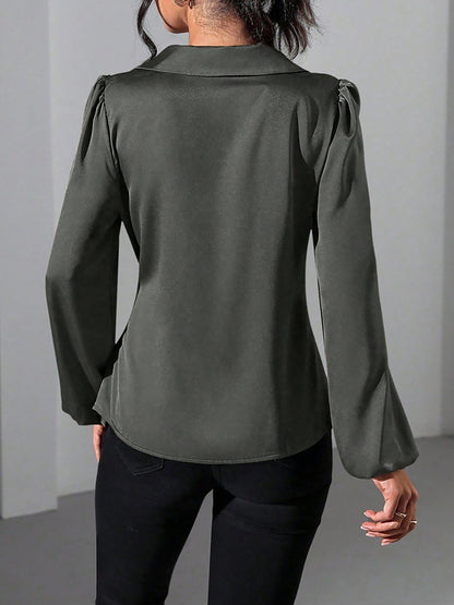 Puff Long Sleeve Satin Tie Waist Wrap Blouse