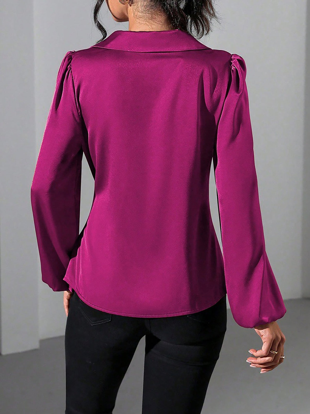 Puff Long Sleeve Satin Tie Waist Wrap Blouse