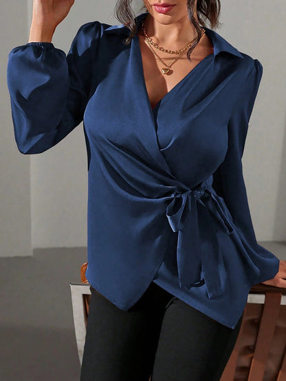 Puff Long Sleeve Satin Tie Waist Wrap Blouse