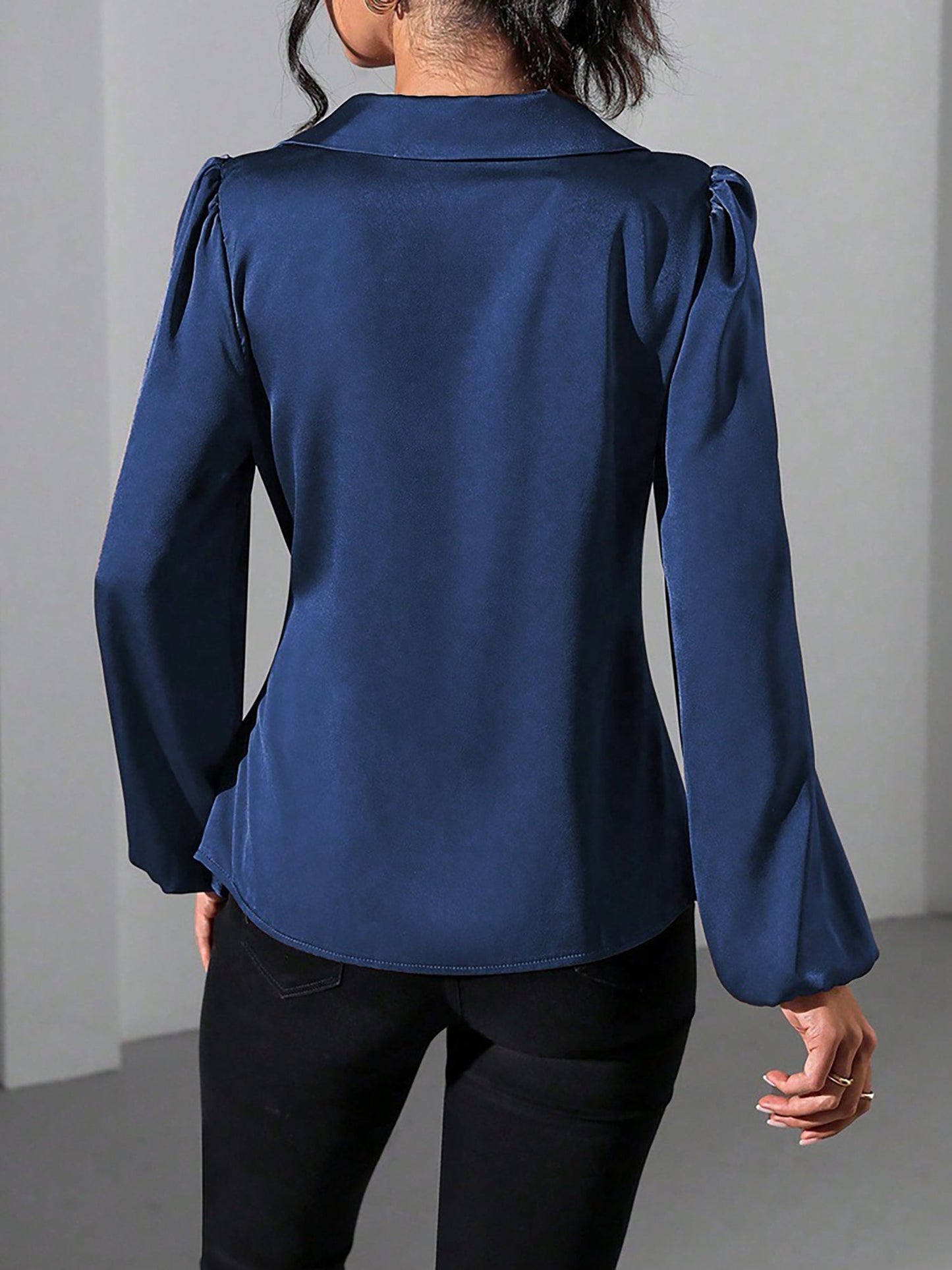 Puff Long Sleeve Satin Tie Waist Wrap Blouse