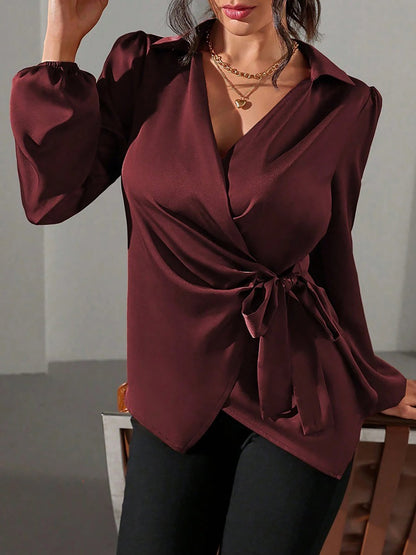 Puff Long Sleeve Satin Tie Waist Wrap Blouse