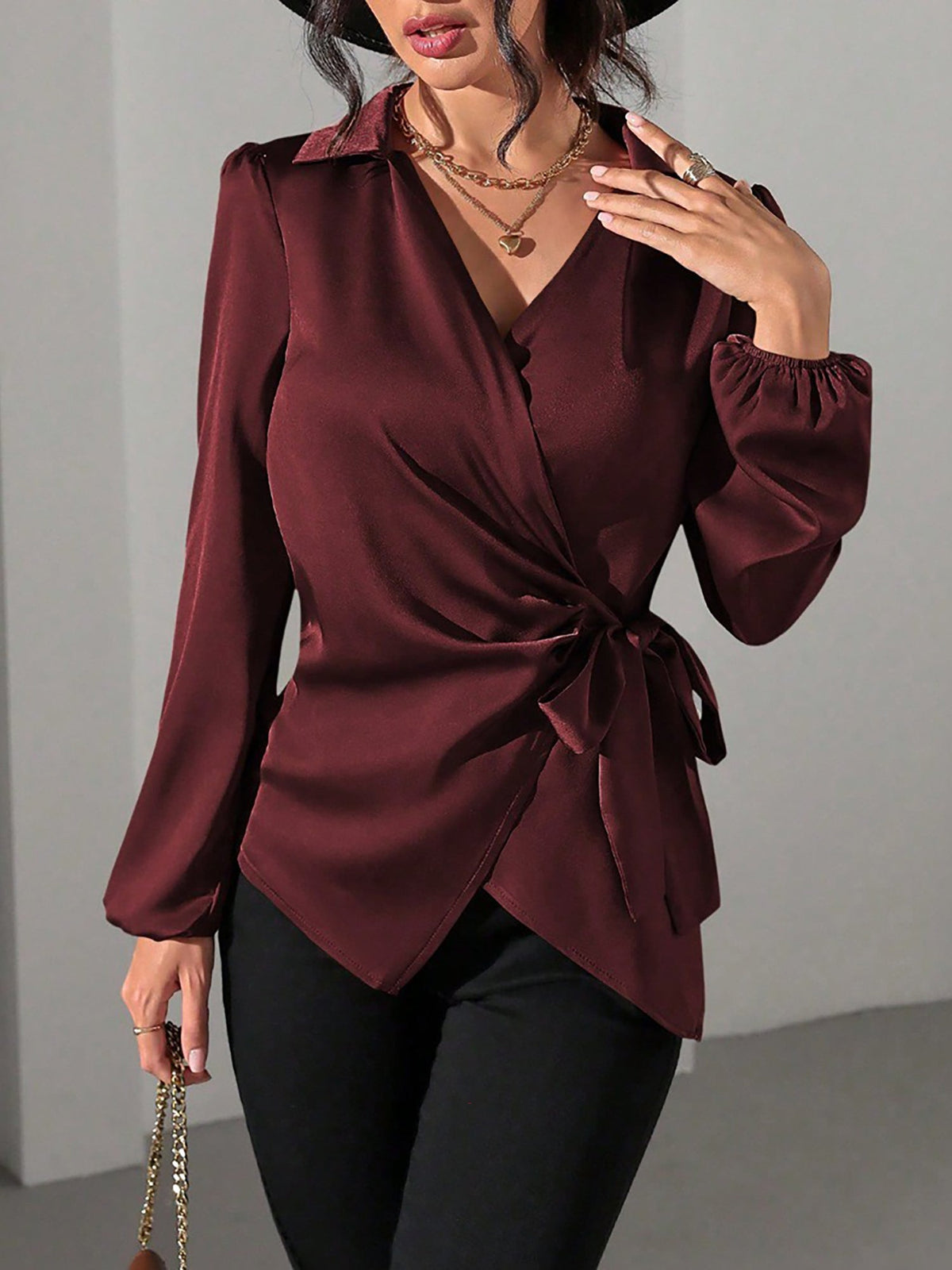 Puff Long Sleeve Satin Tie Waist Wrap Blouse