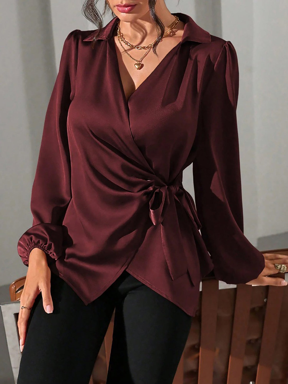 Puff Long Sleeve Satin Tie Waist Wrap Blouse