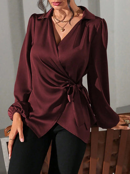 Puff Long Sleeve Satin Tie Waist Wrap Blouse