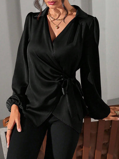 Puff Long Sleeve Satin Tie Waist Wrap Blouse