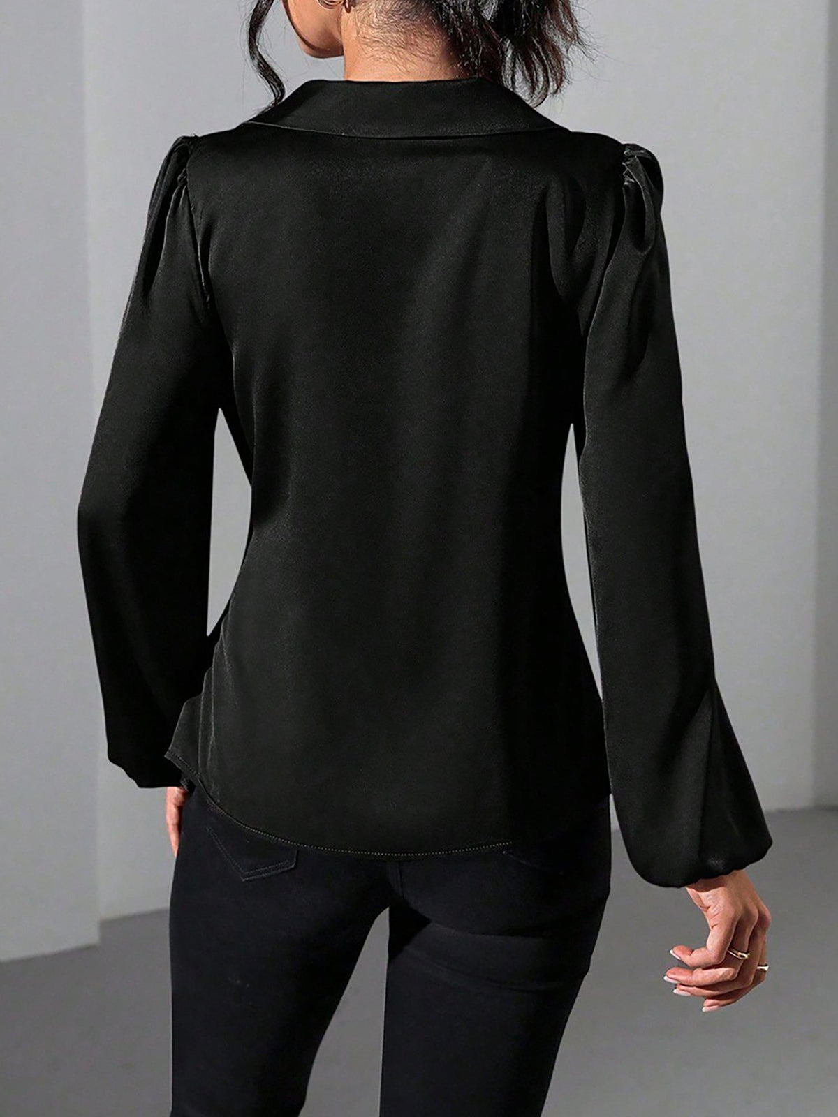 Puff Long Sleeve Satin Tie Waist Wrap Blouse