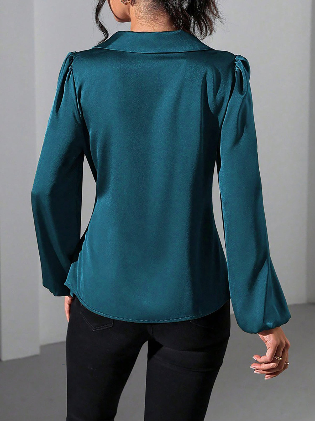 Puff Long Sleeve Satin Tie Waist Wrap Blouse