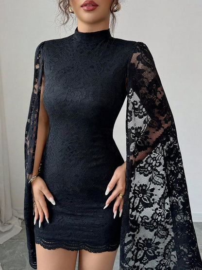 Lace Mock Neck Cape Sleeves Bodycon Mini Dress