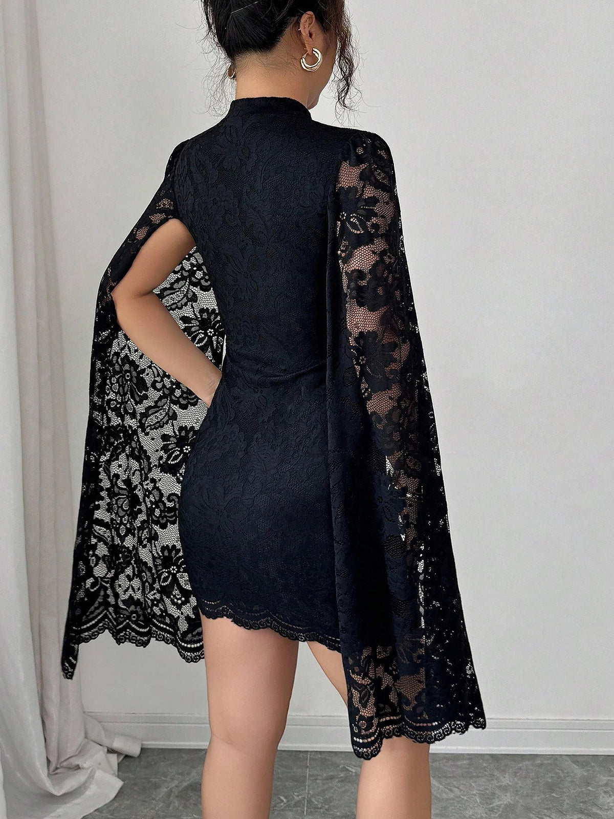 Lace Mock Neck Cape Sleeves Bodycon Mini Dress