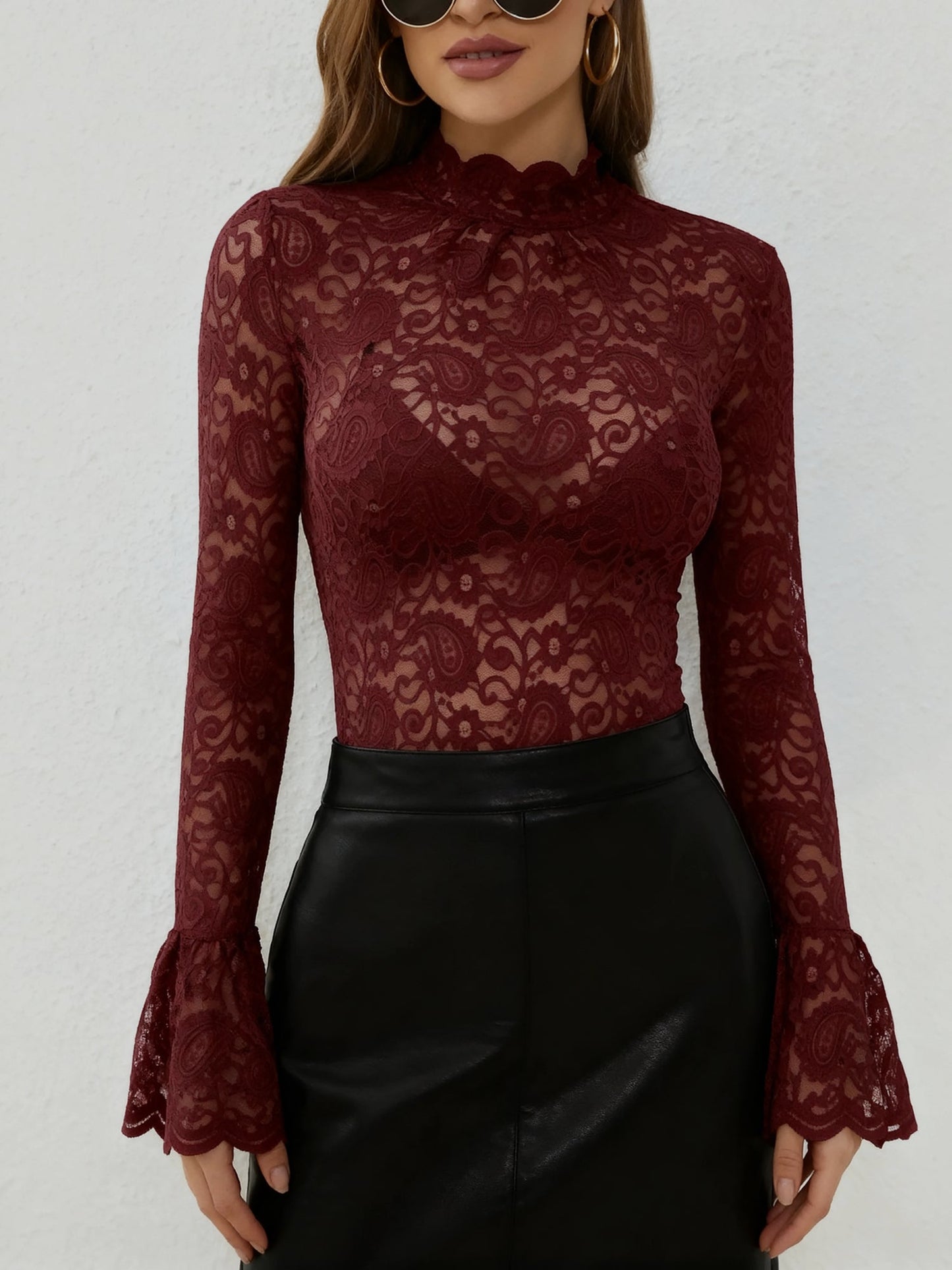 Paisley Lace Mock Neck Flared Sleeve See Through Blouse