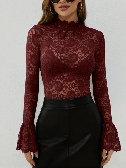 Paisley Lace Mock Neck Flared Sleeve See Through Blouse