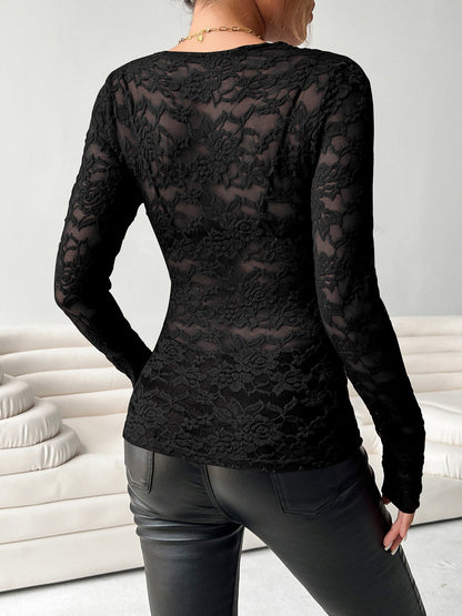 Lace V Neck Long Sleeves Sheer Blouse